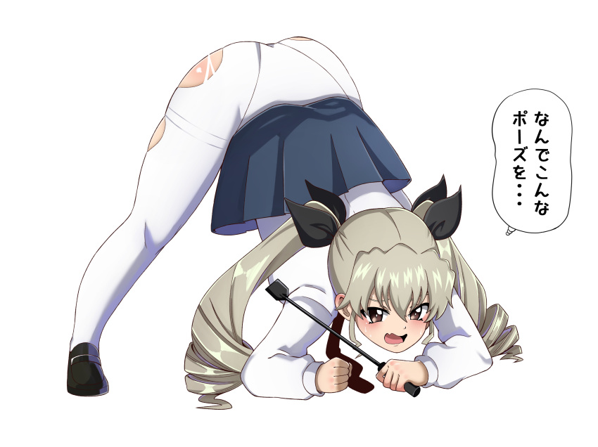 anchovy brown_eyes chyazuke_syake drill_hair female girls_und_panzer green_hair jack-o'_pose open_mouth pantyhose solo torn_pantyhose translation_request twintails