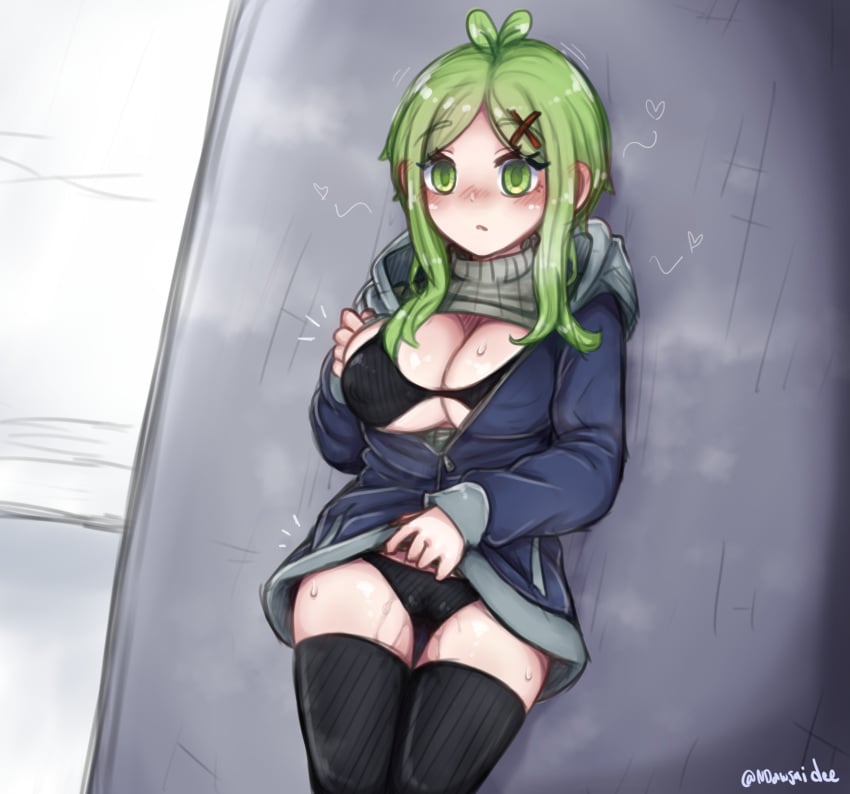 1girls before_sex big_breasts bikini breasts clothes_lift clothing empty_eyes green_eyes green_hair hoodie ndawjaidee open_mouth original original_character ramune_(ndawjaidee) short_hair solo solo_female standing stockings sweat sweater wet