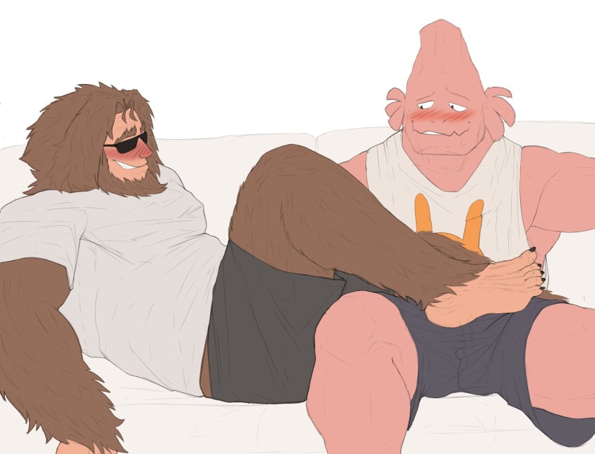 bara barazoku blush brown_fur brown_hair clothing foot_on_crotch gay hairy islate_(artist) jurota_shishida koji_koda koji_kouda male male_only muscles muscular my_hero_academia sitting sunglasses teasing