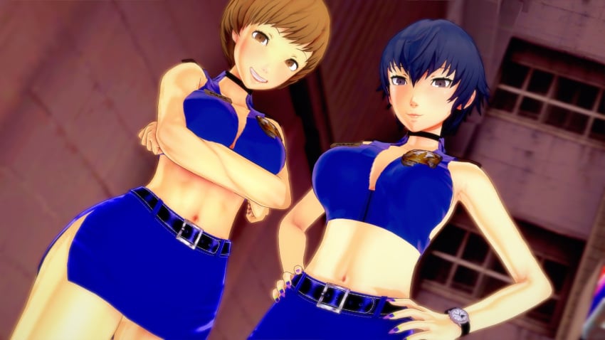 blue_hair brown_hair choker persona persona_4 policewoman satonaka_chie shirogane_naoto short_hair smile that_naoto_guy