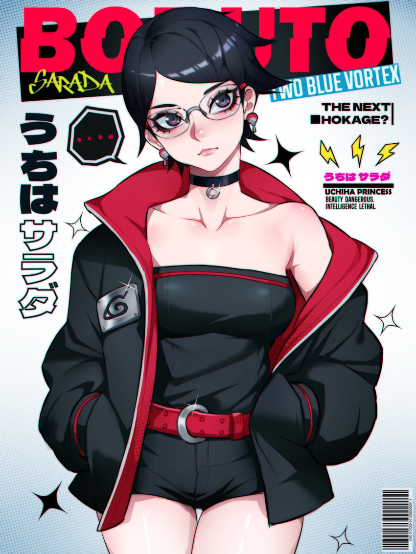 1girls absurdres alternate_costume black_choker black_crowser black_eyes black_hair black_jacket black_shirt black_shorts boruto:_naruto_next_generations boruto:_two_blue_vortex character_name choker cleavage cover earrings fake_magazine_cover female female_only fully_clothed glasses highres jacket jewelry magazine_cover naruto naruto_(series) offscreen_character revealing_clothes sarada_uchiha shirt short_hair shorts solo uchiha_symbol