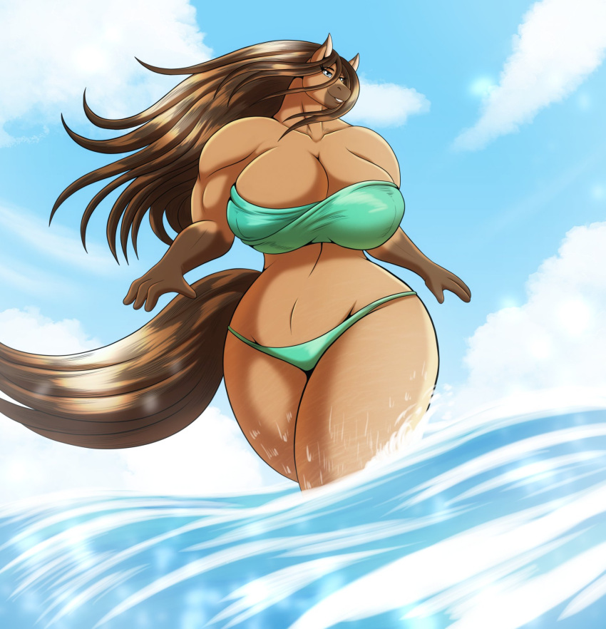 1girls 2d 2d_(artwork) anthro biceps big_breasts bikini bikini_bottom bikini_top blue_eyes blue_sky breasts brown_body brown_hair day daytime furry furry_female furry_only hi_res hips horse horse_ears horse_girl horse_tail large_breasts long_hair muscular muscular_female robthehoopedchipmunk sky solo solo_female tail talia_(robthehoopedchipmunk) thick_thighs thighs two_tone_body wide_hips