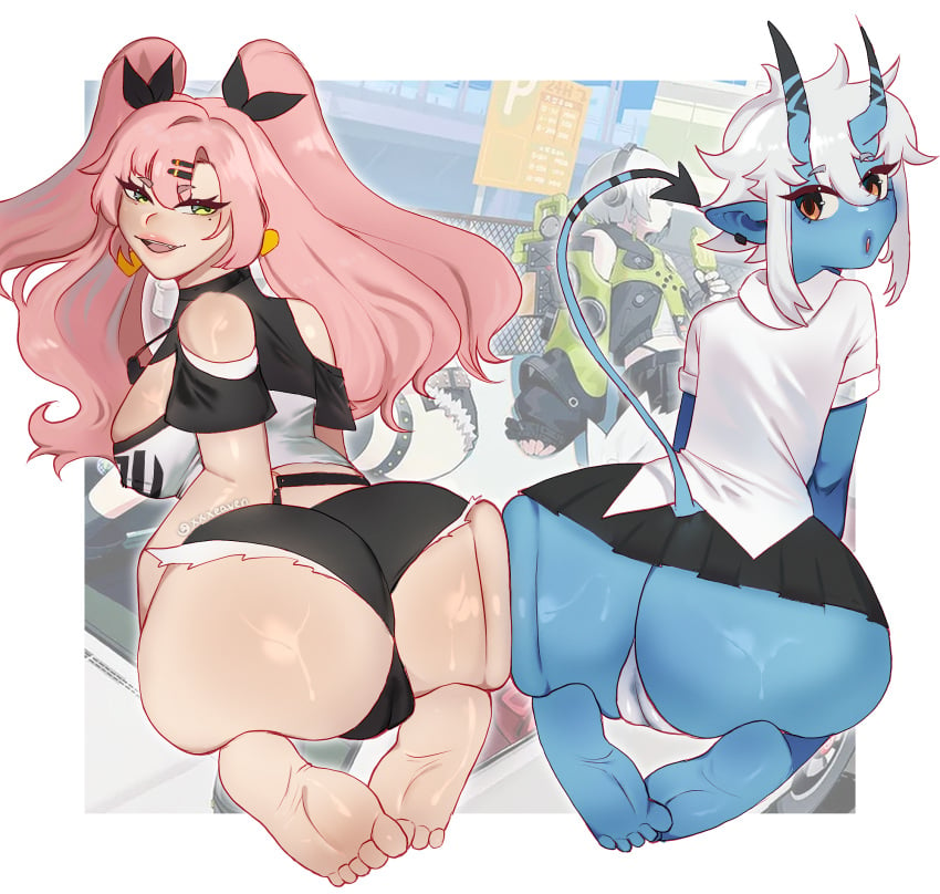 2girls ass ass_focus big_ass big_butt blue_skin bubble_ass bubble_butt cameltoe clothed demon demon_girl demon_horns demon_tail facing_viewer feet feet_together female female_only fur-trimmed_shorts green_eyes huge_ass microskirt miniskirt nicole_demara oni panties pink_hair skirt soukaku squish sweat sweaty tagme toes white_hair white_panties xxxeaven zenless_zone_zero