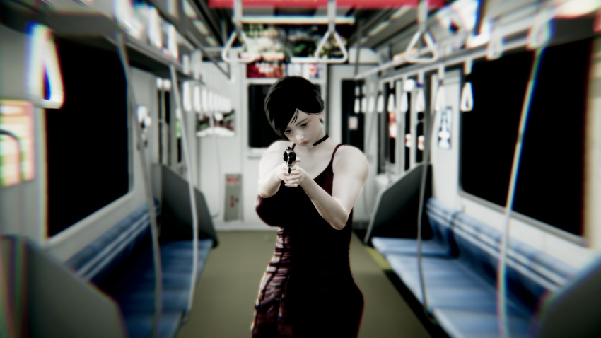 1girls 3d ada_wong_(cosplay) aiming_at_viewer aoi_(impi) capcom cosplay dress firearm gun handgun honey_select huge_breasts impi looking_at_viewer pov public resident_evil revolver weapon