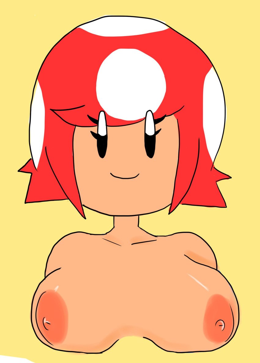 1girls big_breasts breasts female female_only mario_(series) meow_fuck mushee_(meow_fuck) nintendo nipples nude power_up power_up_girl simple_background smile smiling solo super_mushroom yellow_background