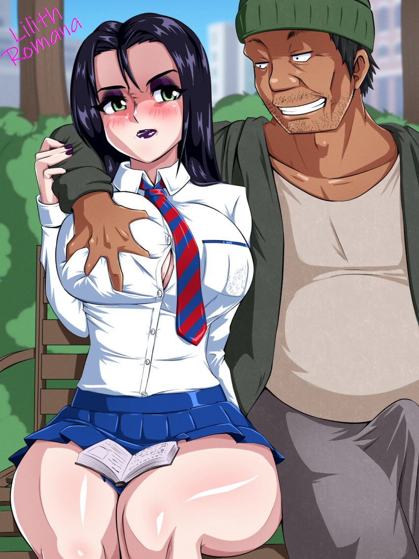 1boy 1girls age_difference angry big_breasts blush breast_grab brunette condom dark-skinned_male goth goth_girl gothic green_eyes grope groping groping_breasts groping_through_clothes hobo huge_breasts large_breasts lilith_romana older_male older_man_and_teenage_girl oppai_forge public public_use purple_lipstick school_uniform shirt short_skirt teenage_girl teenager tight_clothing tight_shirt uniform unwilling vagrant younger_female