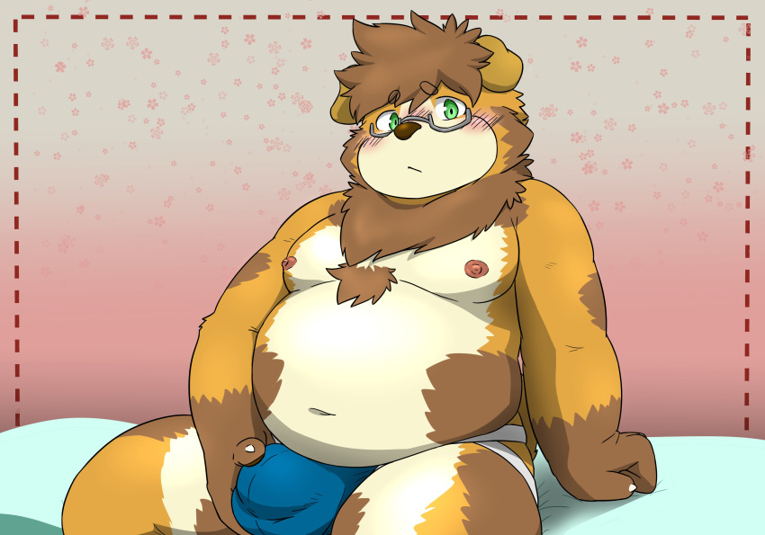 2020 absurd_res anthro belly blush bulge canid canine canis clothing domestic_dog eyewear glasses green_eyes hi_res humanoid_hands jockstrap male male_only mammal moobs navel nipples overweight overweight_male reddo12340 sitting solo underwear