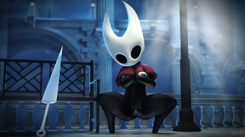 16:9 2020 3d 4k absurd_res arthropod black_body breasts cloak clothing crouching english_text female genitals hi_res hollow_knight hornet_(hollow_knight) insects looking_at_viewer nipples outside owo_sfm presenting pussy solo source_filmmaker text video_games