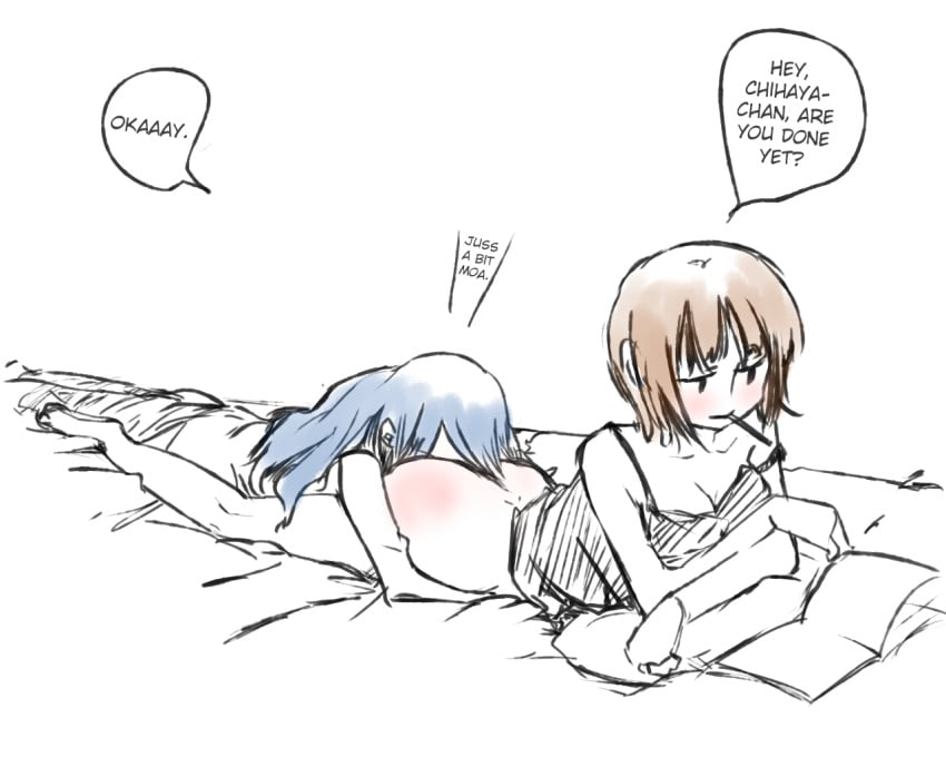 2girls amami_haruka ass ass_pillow blue_hair bored bottomless brown_hair camisole crossed_arms cunnilingus expressionless hard_translated head_on_ass hug hug_from_behind kent_mame kisaragi_chihaya long_hair lying monochrome multiple_girls on_bed on_person on_stomach oral pocky reading short_hair simple_background text white_background yuri