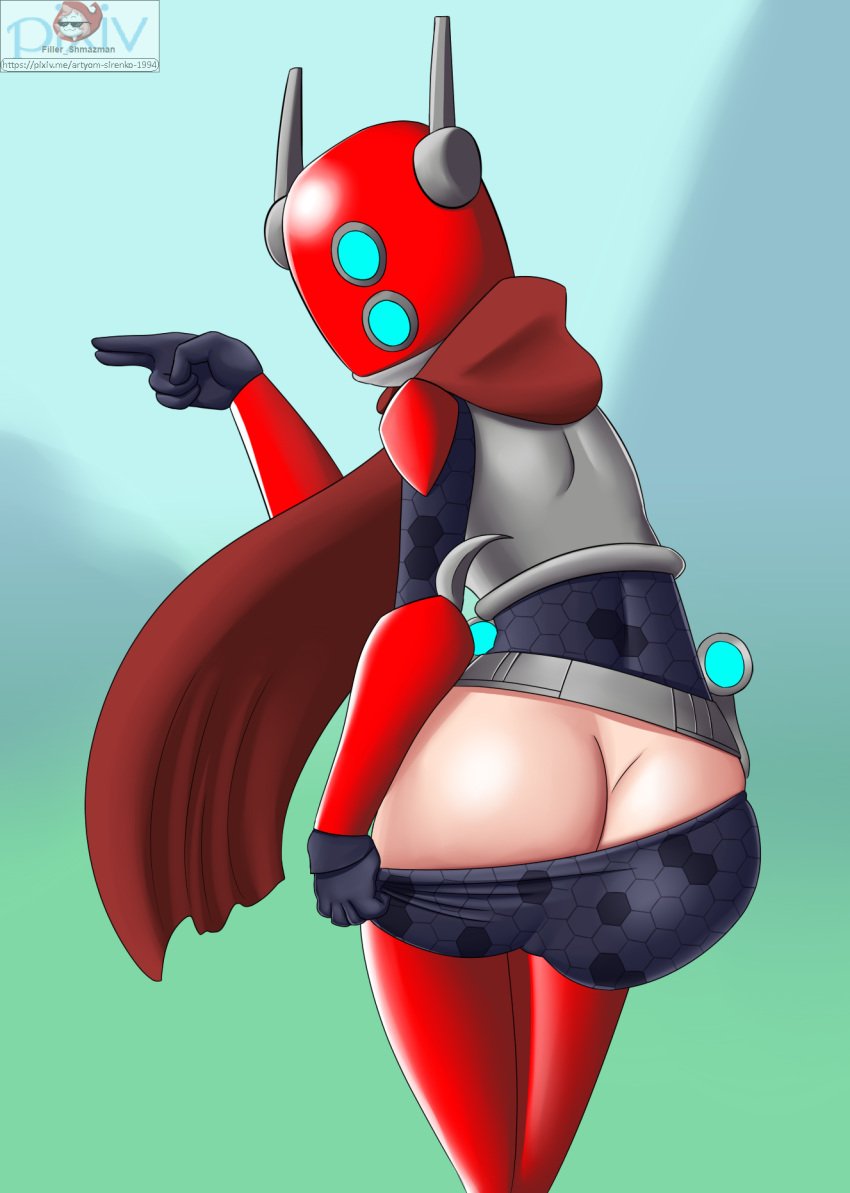 antennae armor ass ass_cleavage bracers butt_crack cape female filler_shmazman gloves heart helmet hopoo_games human huntress_(risk_of_rain) looking_at_viewer mooning pointing pulling_down_pants red_cape red_helmet risk_of_rain risk_of_rain_2 simple_background solo video_games visor