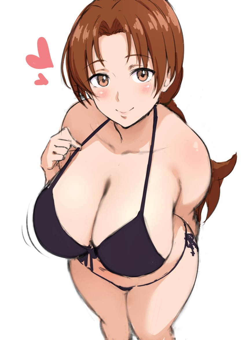 1girls alternate_breast_size alternate_outfit armpits belly big_breasts bikini black_bikini blush breasts brown_eyes brown_hair chubby clothed clothed_female delia_ketchum_(pokemon) eye_contact female female_focus female_only heart huge_breasts human human_only large_breasts long_hair looking_at_viewer mature mature_female mhs midriff milf mother navel nintendo pokémon pokemon pokemon_rgby ponytail side-tie_bikini sideboob simple_background sketch solo solo_female standing swimsuit thick_thighs white_background wide_hips