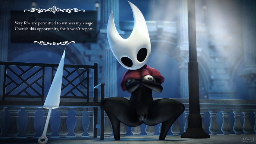 16:9 2020 3d 4k absurd_res arthropod black_body breasts cloak clothing crouching digital_media_(artwork) english_text female genitals hi_res hollow_knight hornet_(hollow_knight) insects looking_at_viewer nipples outside owo_sfm presenting pussy solo source_filmmaker text video_games