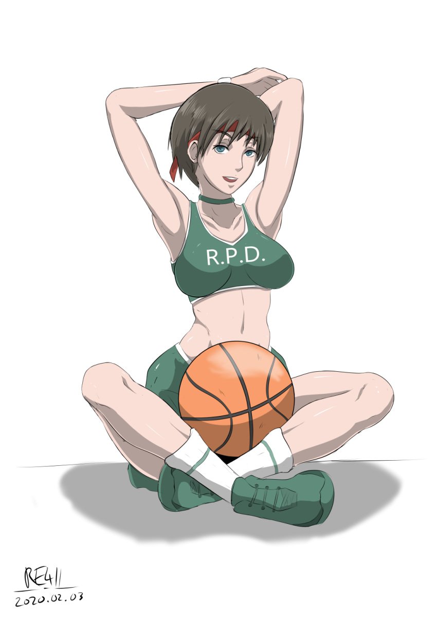 1girls 2020 abs alternate_costume armpits basketball basketball_jersey basketball_shorts basketball_uniform bottomwear capcom clothing dated dolphin_shorts easter_egg eye_contact female female_only footwear half-closed_eyes human jersey looking_at_viewer midriff neckwear pale_skin re411 rebecca_chambers resident_evil resident_evil_2 shorts sneakers solo sports_bra sports_shorts sports_uniform sportswear text topwear watermark