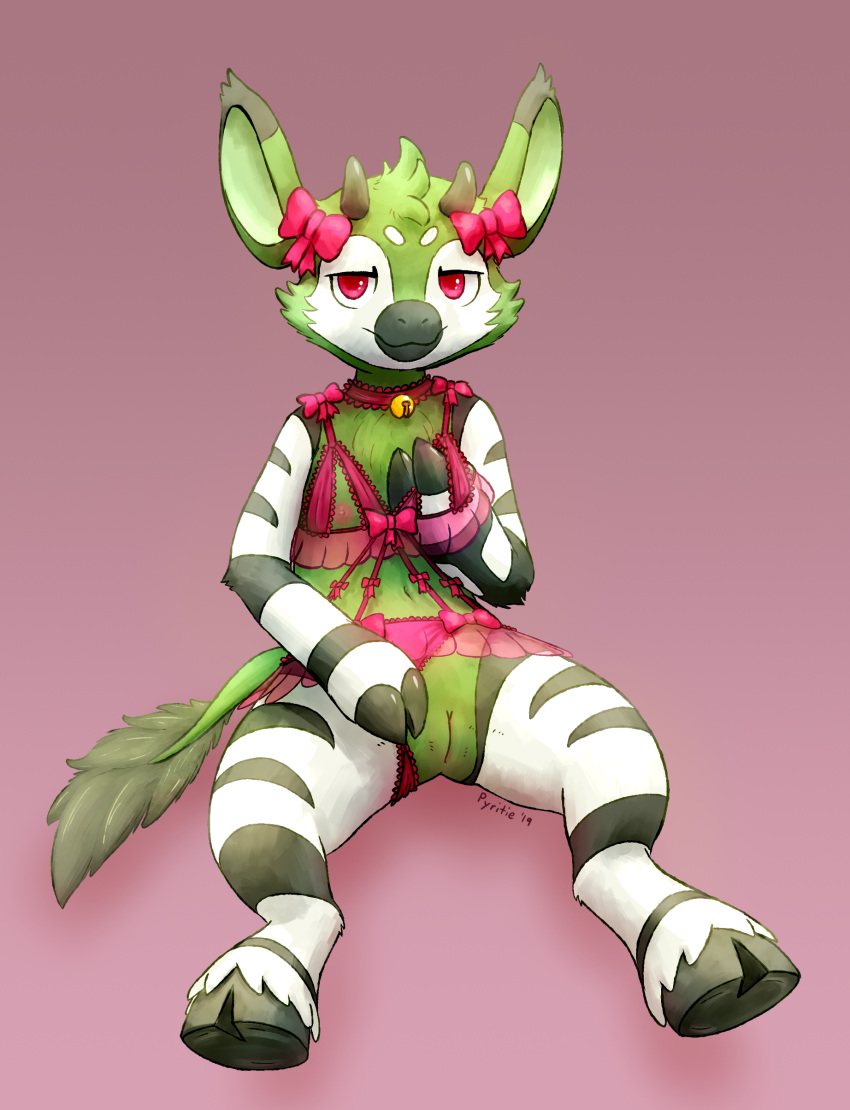 2019 absurd_res anthro breasts clothing digital_media_(artwork) female flat_chested fur furry furry_only genitals giraffid green_body green_fur hi_res hooves horn lingerie looking_at_viewer mammal multicolored_body navel nipples nude okapi pussy pyritie ribbons sitting solo spread_legs spreading striped_body stripes tail white_body white_fur