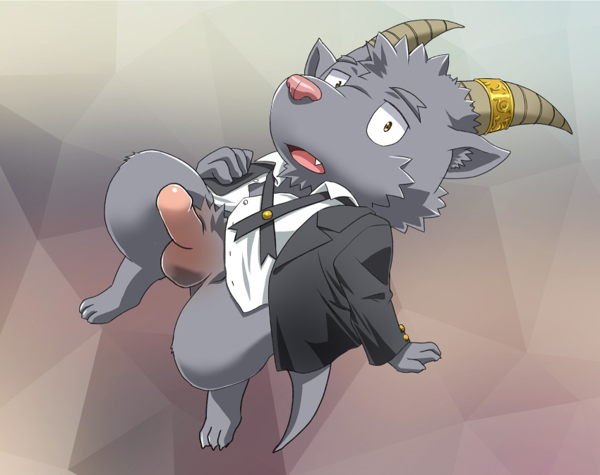 balls black_body black_fur bovid butler caprine chibi clothing digitigrade erection fur genitals goat hi_res horn male_only mammal penis q14658091 salomonkun solo_male suit tokyo_afterschool_summoners video_games