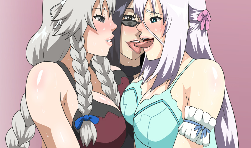 3girls crossover demon_girl female female_only french_kiss grayfia_lucifuge high_school_dxd kissing kuroko_smith looking_over_eyewear looking_over_glasses milf monster_musume monster_musume_no_iru_nichijou mother rossweisse studio_oppai sunglasses tinted_eyewear whentai yuri