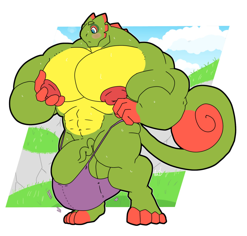 anthro balls big_balls big_muscles big_penis blush bodily_fluids bulge chameleon clothing cloud genitals grass hi_res huge_balls huge_cock huge_muscles hyper hyper_balls hyper_bulge hyper_genitalia hyper_muscles hyper_penis kokoro-doll lizard male male_only muscular nipples penis reptile scalie sky sweat underwear vein veiny_penis yooka yooka-laylee