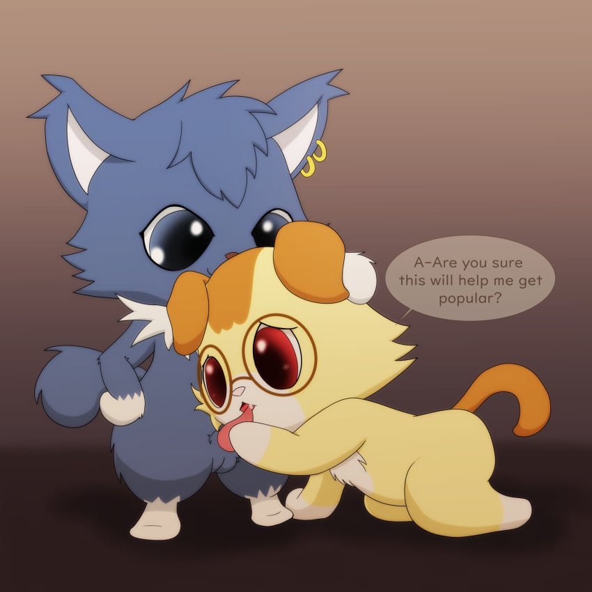 1:1 alex_(jewelpet) ass balls bangs black_eyes chibi dian_(jewelpet) domestic_cat ear_piercing ear_ring english_text eyewear felid feline felis fluffy fur genitals glasses grey_body grey_fur handjob hi_res imminent_oral imminent_sex improbable_(artist) jewelpet jewelpet_(species) maine_coon male male/male mammal open_mouth penile penis piercing red_eyes sanrio scottish_fold_cat semi-anthro sex text yellow_body yellow_fur