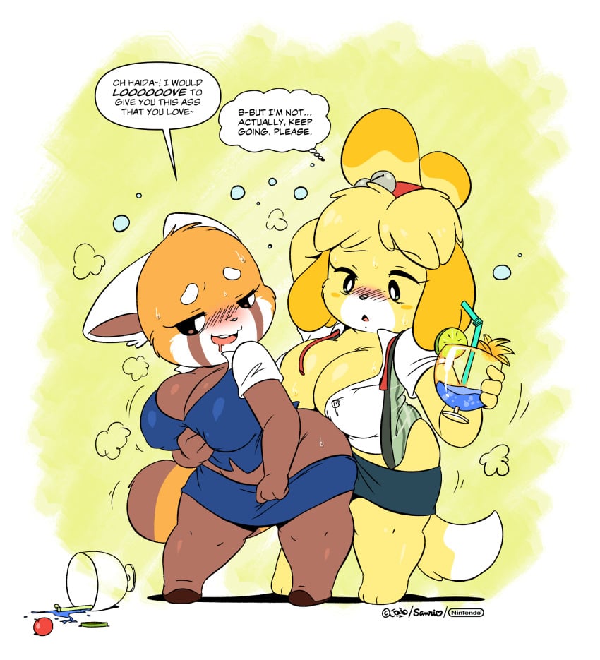 2020 2d 2girls aggressive_retsuko aggretsuko animal_crossing anthro ass big_ass big_breasts blush breasts bubble_butt cleavage crossover dialogue drunk female female_only grinding half-dressed huge_breasts isabelle_(animal_crossing) joaoppereiraus lesbian nintendo office_lady partially_undressed retsuko sanrio shortstack text thick_thighs thighhighs wide_hips yuri