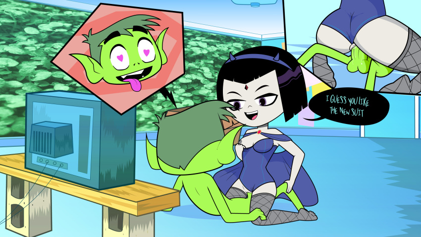 1boy 1boy1girl 1girls alternate_costume ass beast_boy big_ass black_hair blue_leotard breasts cape cartoon_network clothed_female_nude_male dc dc_comics demon_girl female/male female_on_top female_penetrated forehead_jewel garfield_logan green_hair green_skin grey_skin heart-shaped_pupils leotard lingerie metahuman nude_male pale-skinned_female pale_skin pointy_ears purple_eyes rachel_roth raven_(dc) short_hair small_breasts superhero superheroine supermirukuu teen_titans teen_titans_go tongue_out