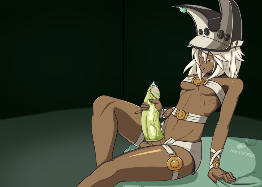 1futa balls belt_bra booty_shorts condom dark-skinned_futanari full-package_futanari futa_only futanari guilty_gear guilty_gear_xrd hazel_eyes large_penis masturbation mostly_nude nicoffee ramlethal_valentine short_shorts thick_penis white_hair