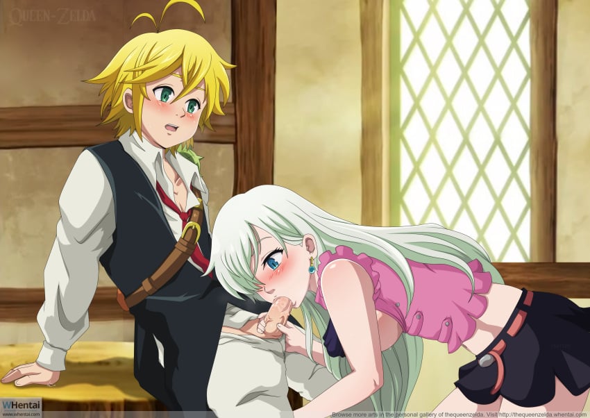 1boy 1girls blonde_hair blue_eyes clothing elizabeth_liones fellatio female green_eyes meliodas nanatsu_no_taizai silver_hair thequeenzelda whentai