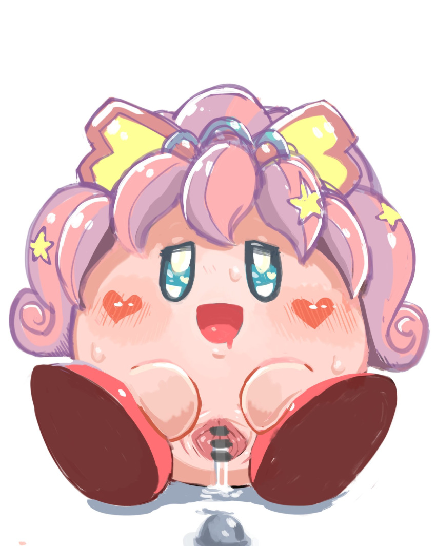 <3_marking blush bodily_fluids censored female genital_fluids genitals heart hi_res kirby kirby_(series) nintendo pussy pussy_juice simple_background solo spread_pussy spreading star_marking sweat uyu video_games waddling_head white_background