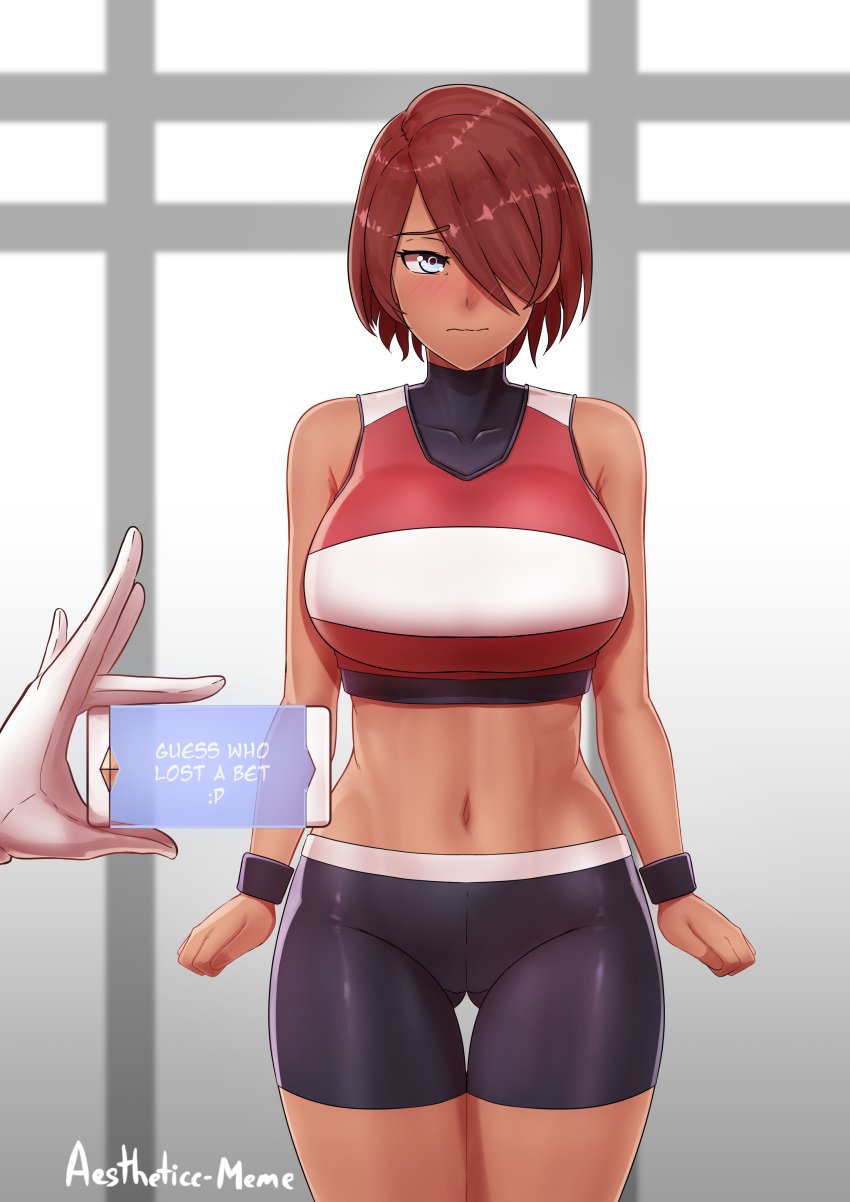 1girls abs absurdres aestheticc-meme blackmail blue_eyes blush breasts dark-skinned_female dark_skin embarrassed female hair_over_one_eye highres huge_breasts may_zedong neo_(rwby) red_hair rwby solo_focus sportswear text thick_thighs thigh_gap wide_hips