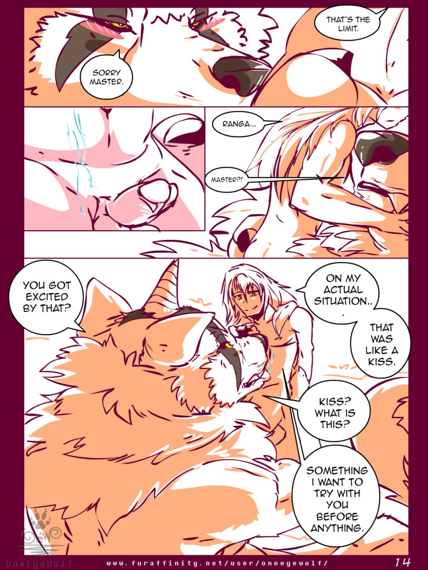 anthro big_dom_small_sub canid canine canis comic erection fantasy flirting genitals hi_res hug human human_on_anthro humor interspecies licking male male/male mammal manga mask monster muscular nude oneeyewolf oneeyewolf_(artist) penis ranga_(that_time_i_got_reincarnated_as_a_slime) rimuru_tempest romantic_ambiance series size_difference slime small_dom_big_sub tempest_wolf tensei_shitara_slime_datta_ken text tongue tongue_out unknown_species webcomic wolf