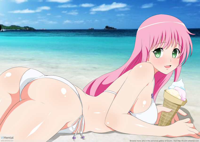 1girls alien alien_girl alien_humanoid ass beach cloud day dessert devilukean devilukean_tail ed-jim female green_eyes ice_cream lala_satalin_deviluke long_hair looking_at_viewer looking_back open_mouth pink_hair sky smile solo to_love-ru water whentai white_bikini