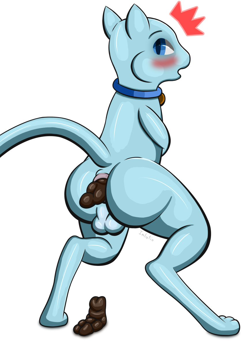 2020 absurd_res alpha_channel anus ass balls biped bluey_(mew) blush bodily_fluids collar colored defecating digital_media_(artwork) drawing embarrassed feces felid feline felis feral genitals hi_res imlutio legendary_pokemon male mammal mew nintendo open_mouth pokémon_(species) pokemon pokemon_(species) poop pooping raised_tail rear_view scat shaded shit solo surprise video_games