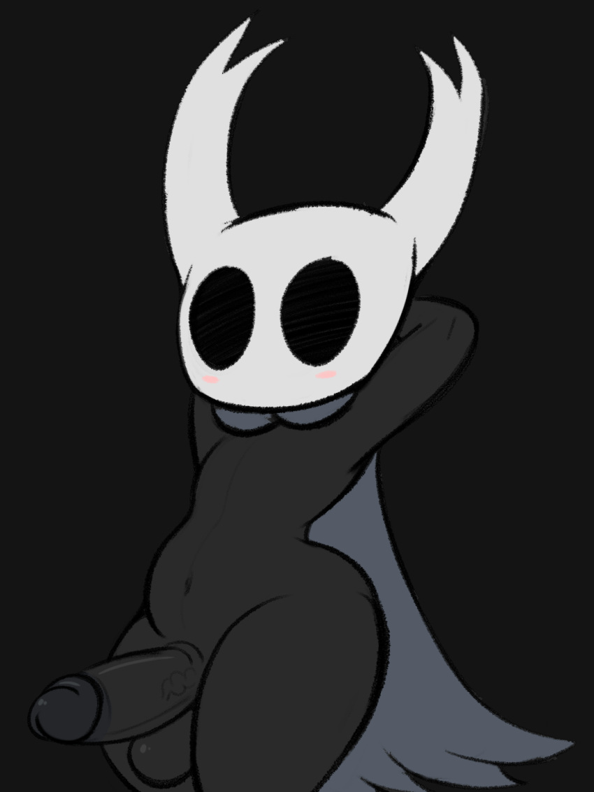 2020 anthro arthropod ass balls big_butt black_background black_balls black_body black_eyes black_penis black_skin blush cape circumcised clothing dot_eyes erection functionally_nude genitals hands_behind_back hi_res hollow_knight insects looking_at_viewer male male_only mostly_nude naked_cape not_safe_for_reality penis protagonist_(hollow_knight) simple_background solo teapot_(body_type) vein veiny_penis vessel_(species) wide_hips