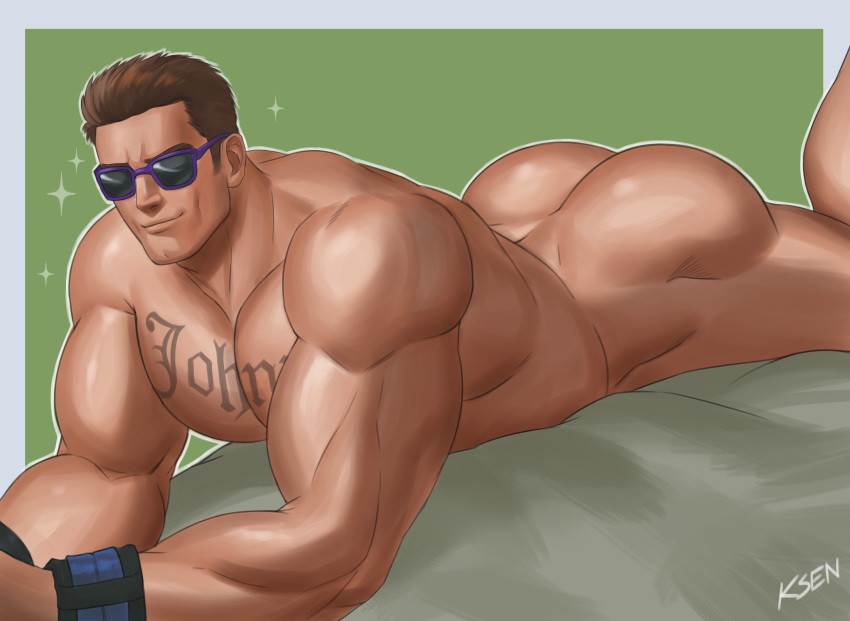 1boy ass bara bed biceps bracelet brown_hair bubble_butt butt_focus color dat_ass digital_media_(artwork) glasses green_background himbo human johnny_cage k_sen212 laying_down laying_on_stomach looking_at_viewer lying lying_down lying_on_stomach male male_only mortal_kombat mouth muscle muscles muscular muscular_male naked nude pecs short_hair simple_background smile solo solo_male sunglasses tattoo uncensored url white_male