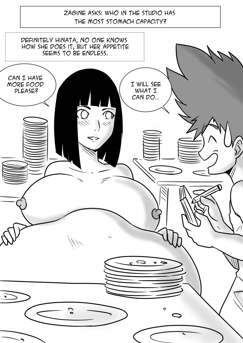 belly big_belly breasts empty_plates female hyuuga_hinata naruto nipples plates solo stuffing varu vore