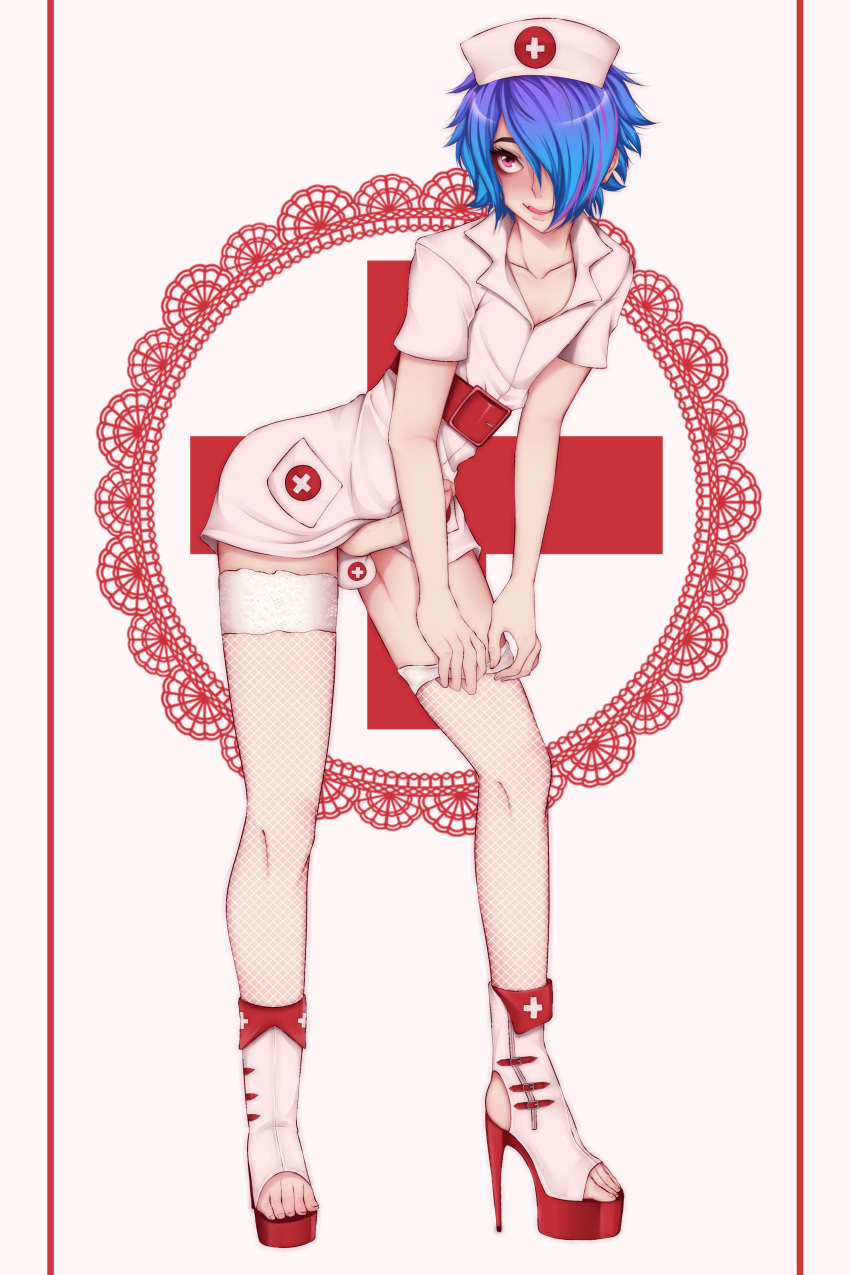 1boy belt blue_hair erection femboy fishnets full_body girly gomi-cake hair_over_one_eye heels nurse nurse_cap nurse_uniform open_toe_shoes pale penis_out red_cross solo standing