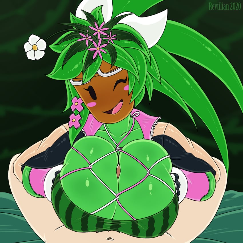 1boy 1girls 2020 artist_name between_breasts big_breasts blaster_master blaster_master_zero blaster_master_zero_2 breasts clothing dark_skin duo female green_hair green_skin hair human_on_plantie interspecies inti_creates kanna_(blaster_master) large_breasts light_skin male male_pov mob_face one_eye_closed paizuri pale-skinned_male pale_skin plant plant_girl plantie pov revtilian straight video_games watermark watermelon_bra watermelon_nets white_skin wink