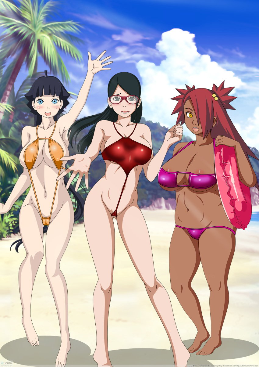 3girls akimichi_chouchou artemisumi beach bikini black_hair boruto:_naruto_next_generations breasts dark-skinned_female eyepatch_bikini female female_only glasses hair_over_one_eye human kunoichi multiple_girls naruto naruto_(series) posing red_hair sarada_uchiha sling_bikini swimsuit uzumaki_himawari whentai