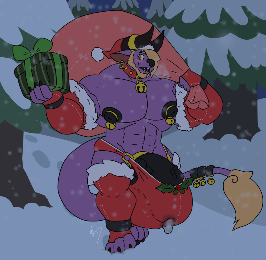 anthro balls behemoth bell big_balls big_penis blush bodily_fluids bulge christmas clothing collar cum final_fantasy furgonomics furry genital_fluids genitals gift hat headgear headwear hi_res holding_object holidays horn huge_balls huge_cock hyper hyper_balls hyper_bulge hyper_genitalia hyper_penis kokoro-doll legwear looking_at_viewer male male_only muscular nipples penis sack santa's_sack snow snowing square_enix stockings tree underwear vein veiny_penis video_games