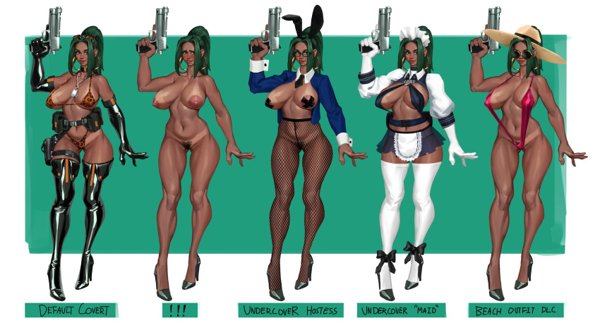 alternate_costume barchode bikini bunny_ears character_sheet dog_tags english_text female full_body green_hair gun hat heels hoop_earrings hoop_earrings_oversized huge_breasts latex lips maid maid_uniform maya_(barchode) nude one-piece_swimsuit outfit pantyhose pistol ponytail pose standing sunglasses tanline tanned tape