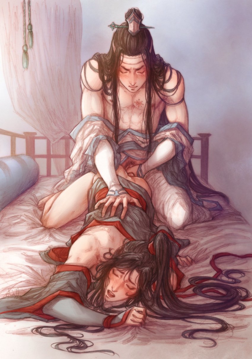 2boys anal_sex bishonen blush bottomless canon_couple closed_eyes clothed_sex gay lan_wangji lehanan long_hair long_hair_male love male_only mo_dao_zu_shi on_bed open_mouth partially_clothed penis pleasure_face taken_from_behind traditional_clothes wei_wuxian wholesome yaoi