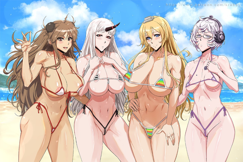 4girls beach big_breasts bikini blonde_hair breasts brown_hair crossover female female_only hair horn iowa_(kantai_collection) kantai_collection krabby_(artist) large_breasts long_hair multiple_girls nipples patreon renka_(senran_kagura) seaport_hime senran_kagura shinkaisei-kan supply_depot_hime thighs url video_games white_hair