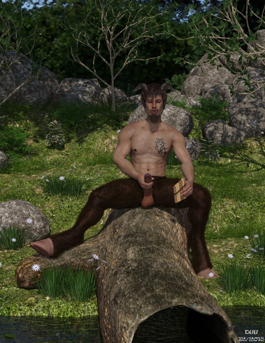 1boy 3d boner dtrainnnj erect_nipples erection holding_penis horns_and_hooves log looking_at_penis male male_only masturbation mouth_open pan_pipes penis satyr solo solo_male spread_legs tattoo