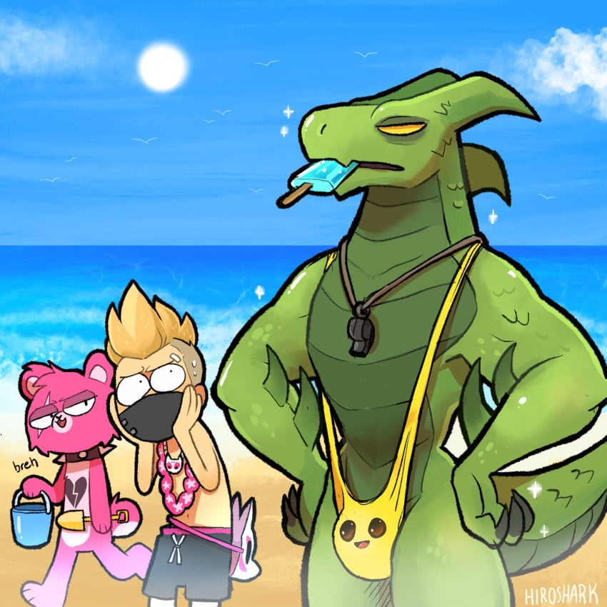 1girls 2boys anthro beach bear bulge cuddle_team_leader dragon drift_(fortnite) epic_games female fortnite hiroshark human hybrid_(fortnite) male male_focus meme partially_clothed peely scalie summer_drift swimsuit tagme video_games