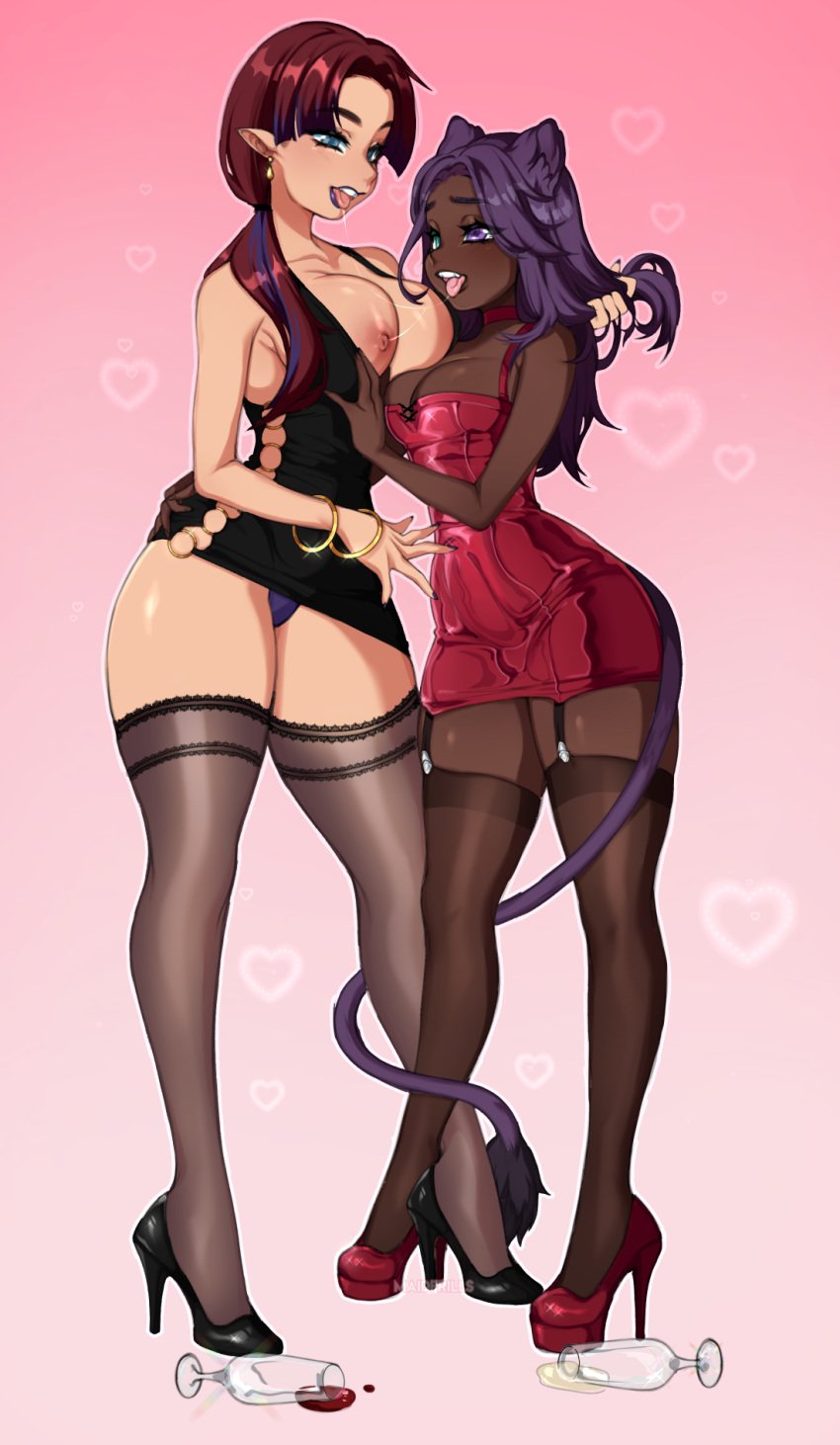 2girls alcohol animal_ears aqua_eyes arm_around_waist bangle bimbo black_dress blue_eyes breasts breasts_out brown_hair cat_ears cat_tail choker cleavage dark-skinned_female dark_skin dress drinking_glass earrings elf garter_straps hand_in_hair heart height_difference heterochromia high_heels large_breasts lipstick maidfrills multiple_girls nail_polish nipples original panties platform_footwear pointy_ears ponytail purple_eyes red_dress saliva saliva_trail smile standing stiletto_heels tail thighhighs tongue tongue_out two-tone_hair underwear wine wine_glass yuri