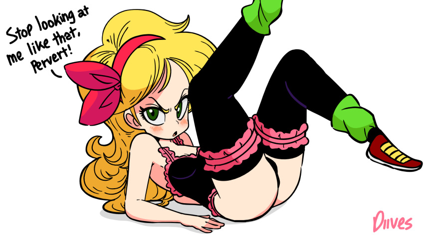 1girls animated animated_gif ass bad_launch blonde_hair blushing diives dragon_ball exercise female female_only gif green_eyes launch legs lingerie lunch_(dragon_ball) patreon red_ribbon shounen_jump solo solo_focus text underwear watermark