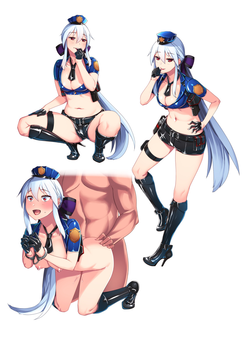 1boy :d abs absurdres areola_slip areolae ass belt black_gloves blush boots bottomless breasts cleavage cuffs female gloves grin gun hair_between_eyes half_gloves hand_on_hip handcuffs handgun hat hiememiko high_heels highres holster long_hair looking_at_viewer midriff navel necktie nipples open_mouth police police_uniform policewoman ponytail red_eyes sex shorts silver_hair simple_background smile solo_focus spread_legs squatting straight sweatdrop teeth thigh_strap tiptoes uniform very_long_hair vocaloid weapon white_background yowane_haku