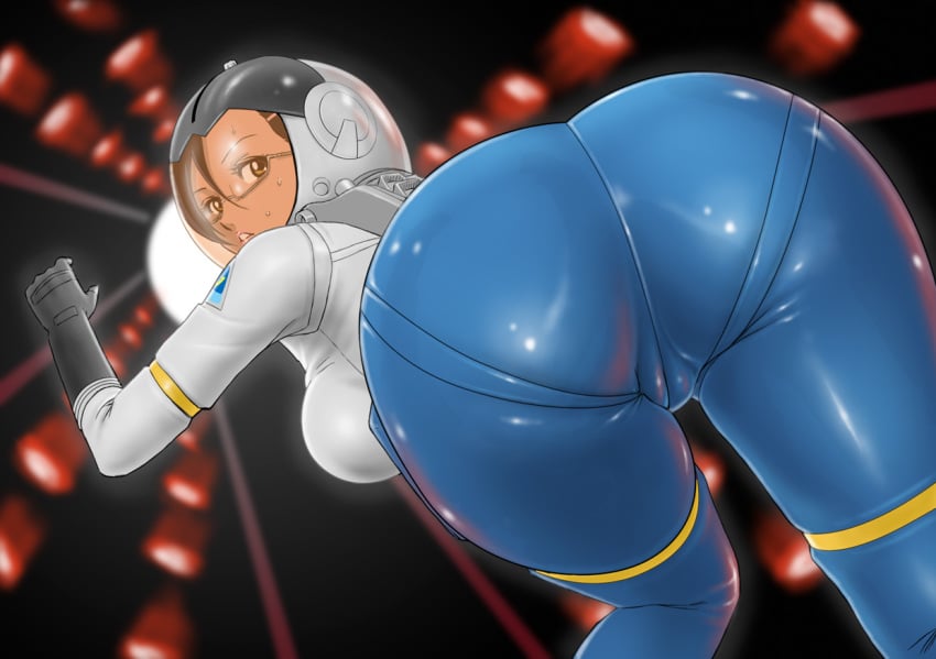 1girls 2010s ass blue_hair bodysuit breasts cameltoe close-up descch female from_behind glasses helmet human kaoru_niimi large_breasts latex light-skinned_female light_skin looking_at_viewer megane shiny_clothes short_hair skin_tight solo space_battleship_yamato space_battleship_yamato_2199 space_suit visor