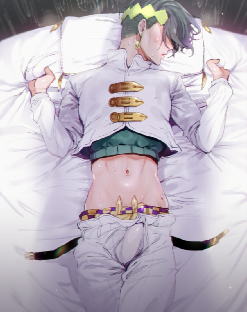 blush diamond_is_unbreakable dvqjo grabbing_sheets jojo's_bizarre_adventure laying_down male_focus male_only penis_under_clothes rohan_kishibe shadow twink