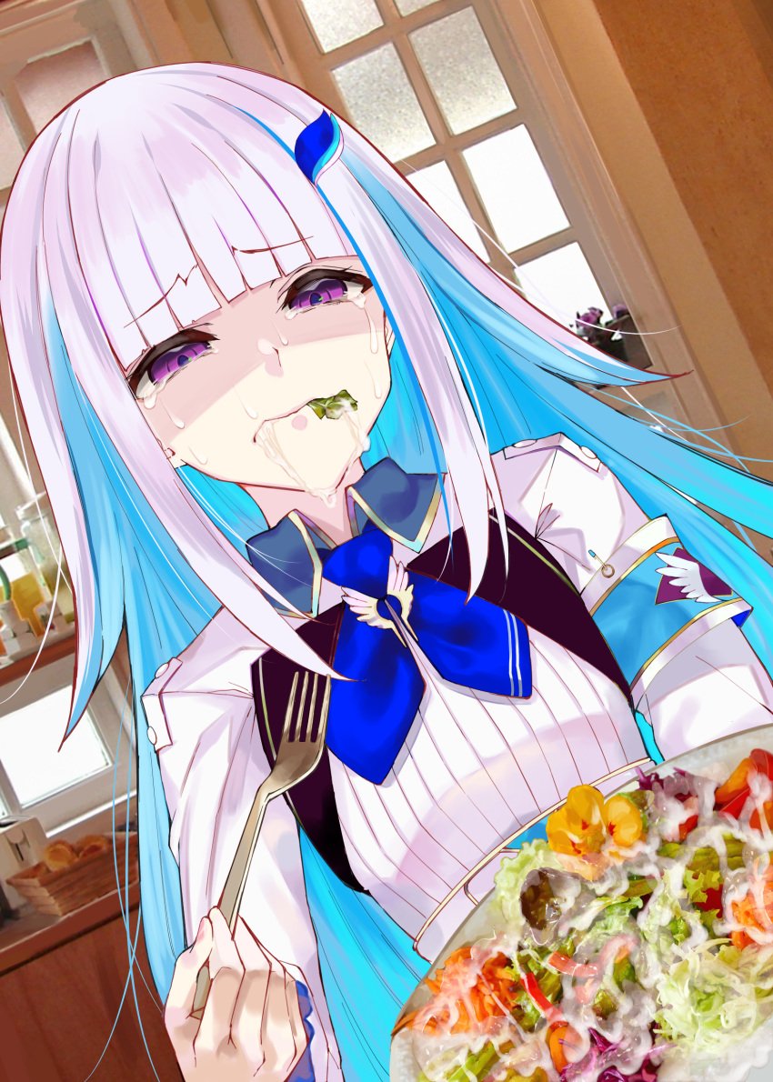 absurdres armband bangs blue_hair blunt_bangs closed_mouth crying crying_with_eyes_open cum cum_on_food eating eyebrows_visible_through_hair female food fork hair_ornament highres holding holding_fork indoors lize_helesta long_hair multicolored_hair nijisanji purple_eyes shirt silver_hair solo suushiki tears two-tone_hair upper_body virtual_youtuber white_shirt