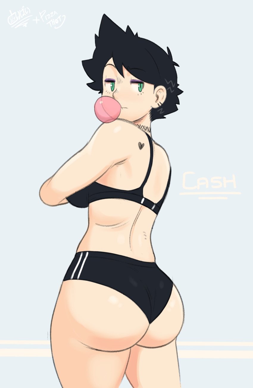 ass big_ass black_hair blowing_bubblegum boyshorts bubble bubble_gum buttholemagick cash_money_(gats) choker cowboy_shot from_behind green_eyes looking_at_viewer looking_back pizza_thot round_ass short_hair sports_bra standing swimsuit